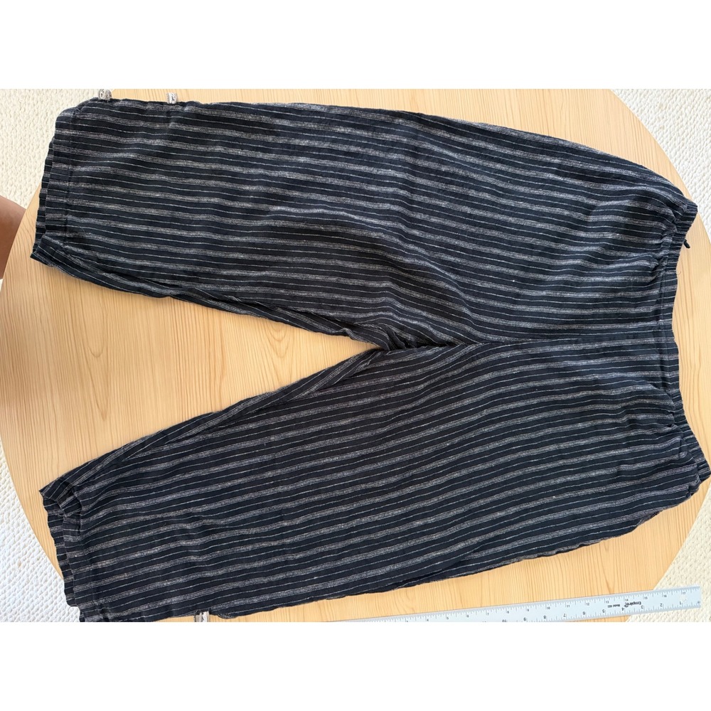 Linen Blend Striped Cropped‎ Pants Black Beige Size L Boho Chic Cottage Core